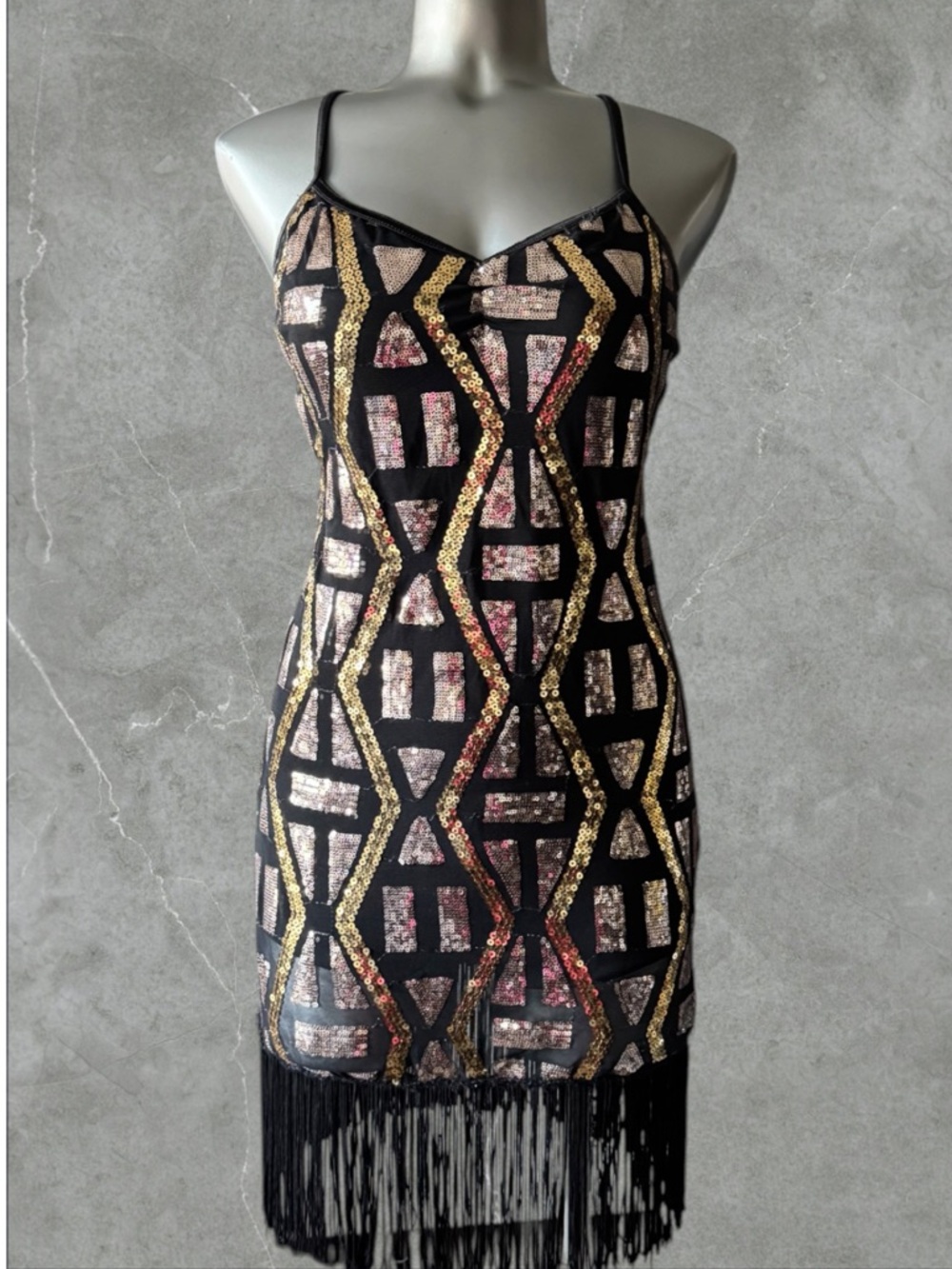 Dance Costume | Black Fringe Flapper Costume with Gold Geometric Sequin Panels - Picture 2 of 16
